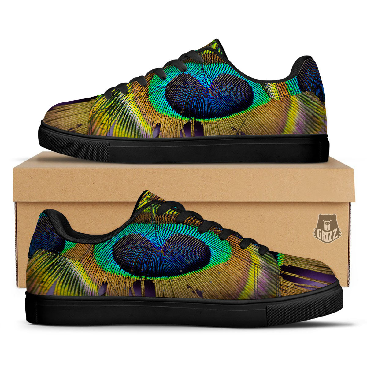 Peacock Feather Purple Bohemian Print Black Low Top Sneakers-grizzshop