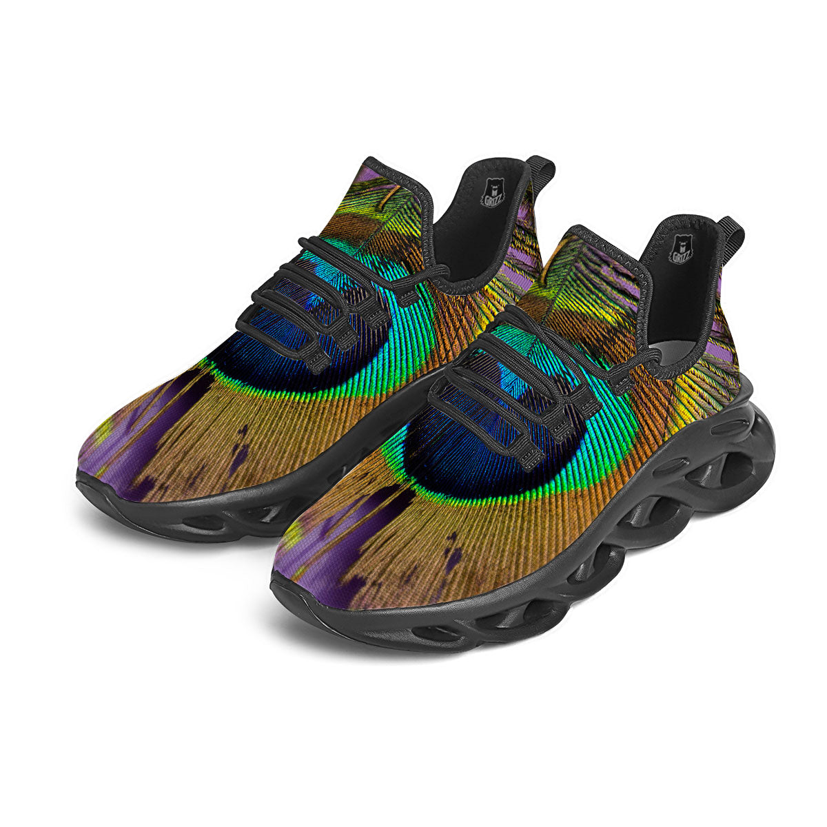Peacock Feather Purple Bohemian Print Black Running Shoes-grizzshop