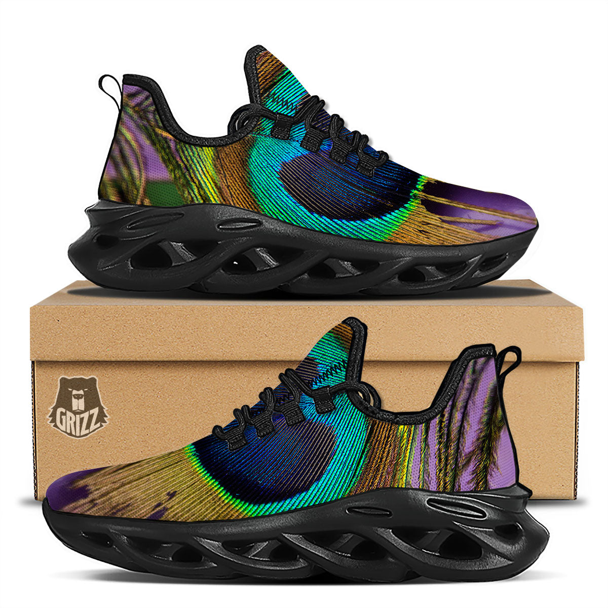 Peacock Feather Purple Bohemian Print Black Running Shoes-grizzshop