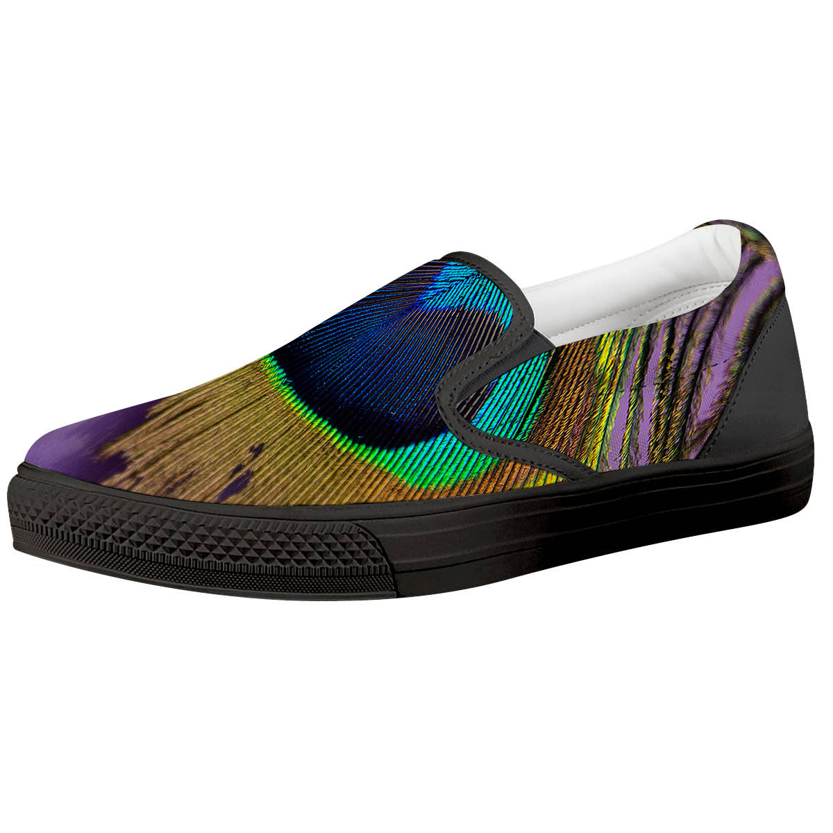 Peacock Feather Purple Bohemian Print Black Slip On Shoes-grizzshop
