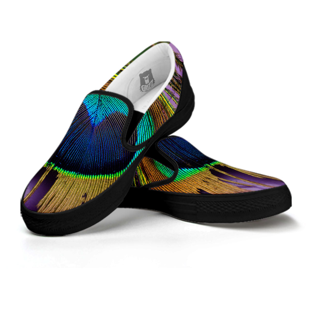 Peacock Feather Purple Bohemian Print Black Slip On Shoes-grizzshop