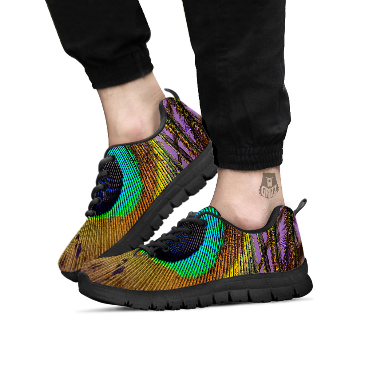 Peacock Feather Purple Bohemian Print Black Sneaker-grizzshop