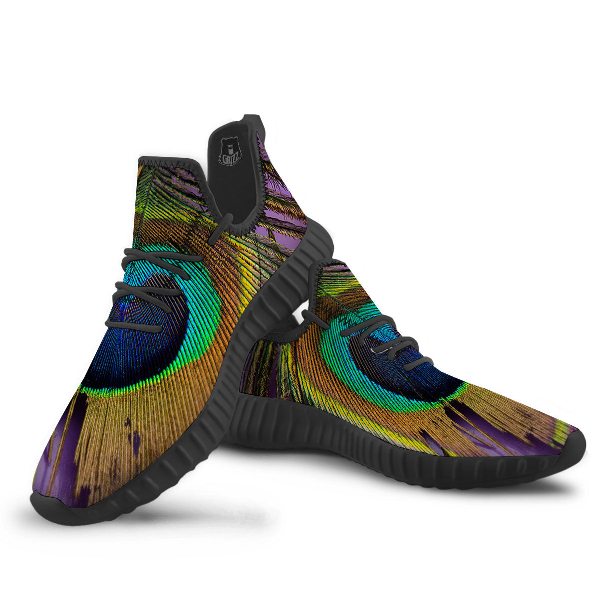 Peacock Feather Purple Bohemian Print Black Walking Shoes-grizzshop