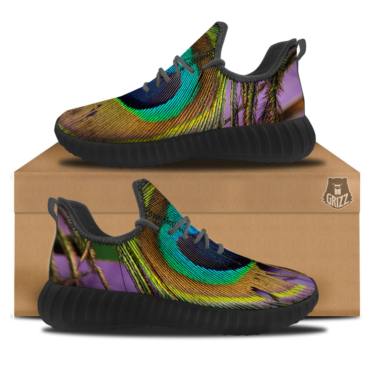 Peacock Feather Purple Bohemian Print Black Walking Shoes-grizzshop