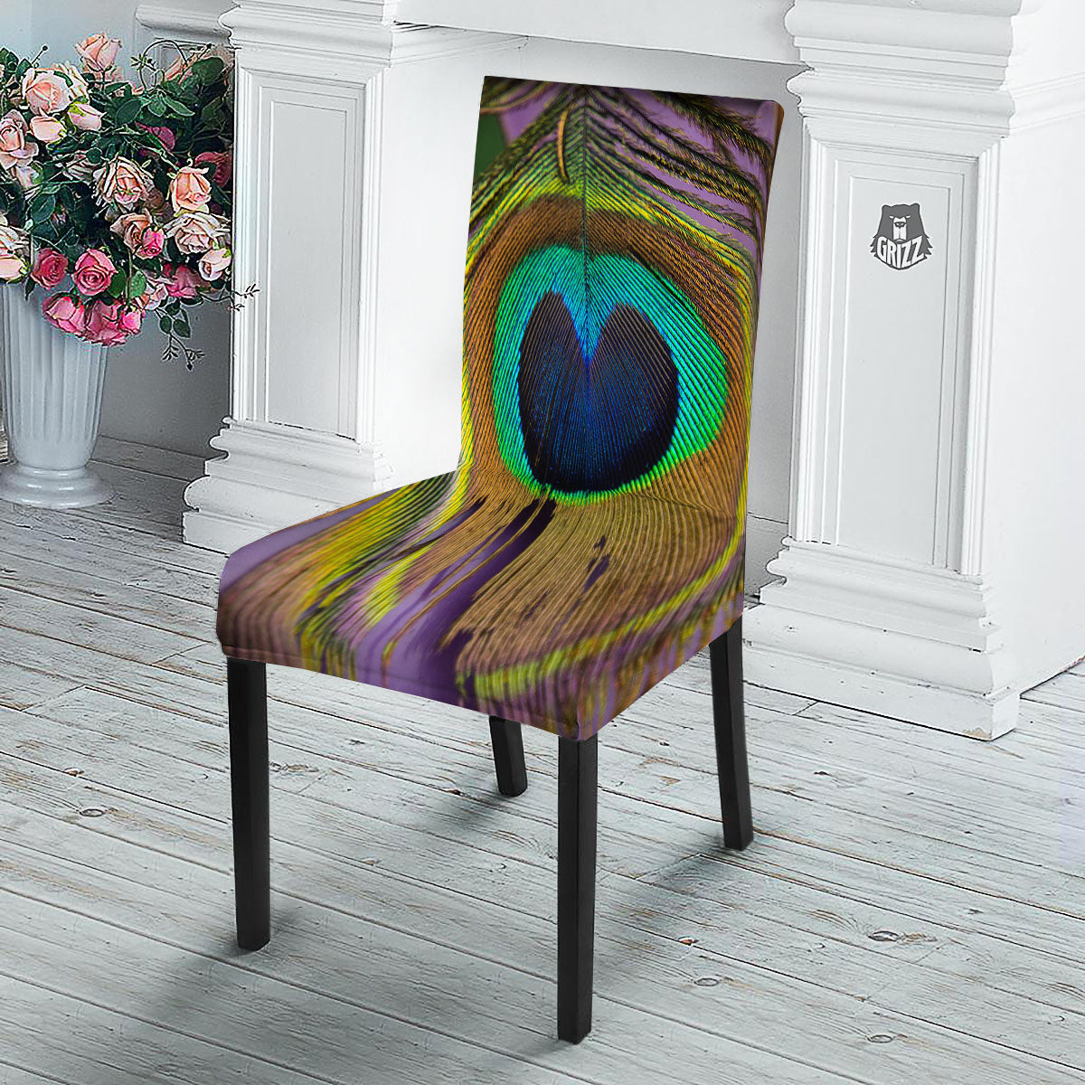Peacock Feather Purple Bohemian Print Dining Chair Slipcover-grizzshop