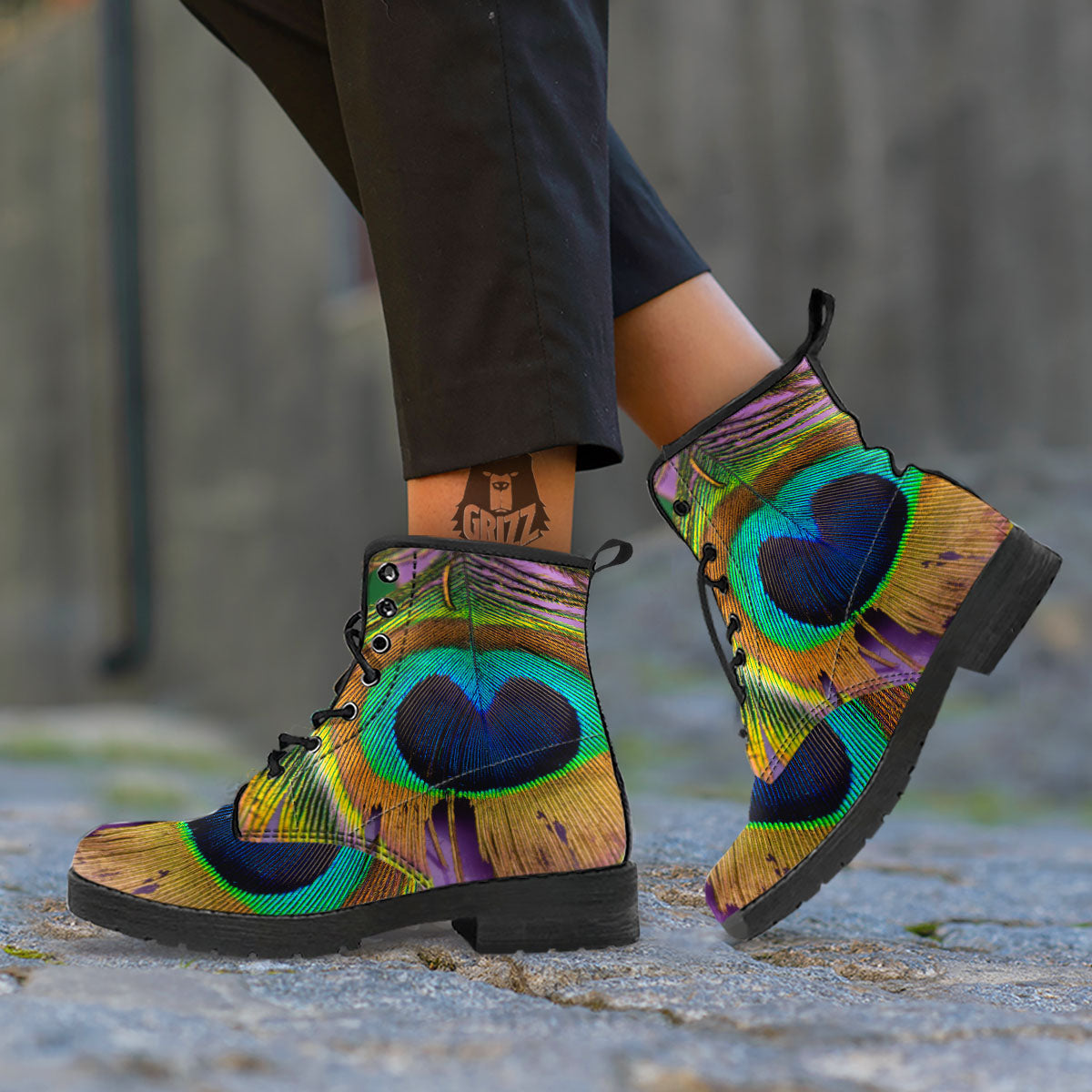 Peacock Feather Purple Bohemian Print Leather Boots-grizzshop
