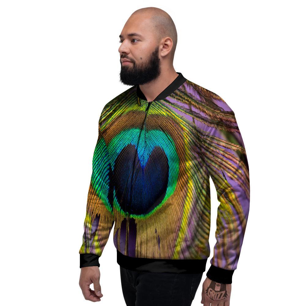 Peacock Feather Purple Bohemian Print Men's Bomber Jacket-grizzshop