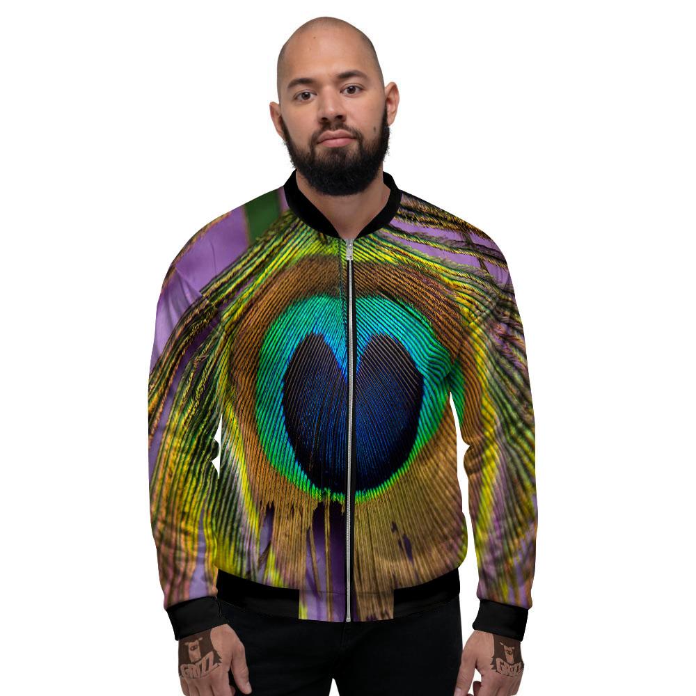 Peacock Feather Purple Bohemian Print Men's Bomber Jacket-grizzshop