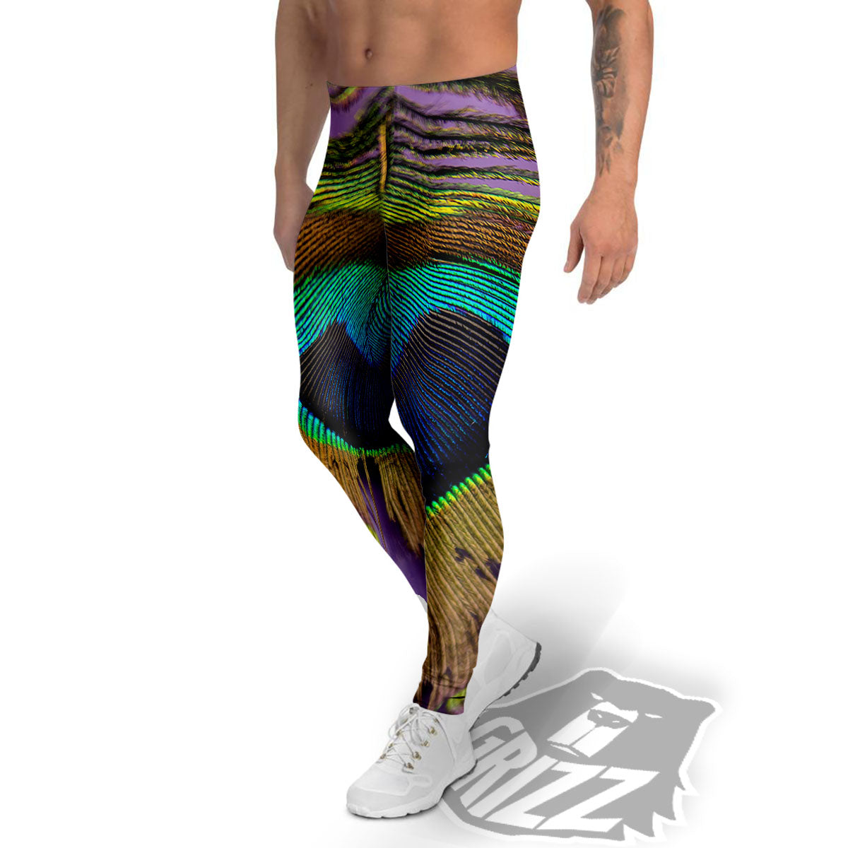 Peacock Feather Purple Bohemian Print Men's Leggings-grizzshop