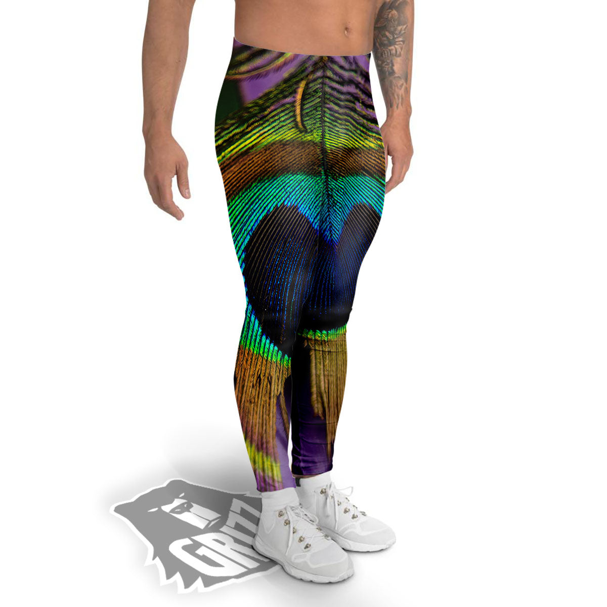 Peacock Feather Purple Bohemian Print Men's Leggings-grizzshop