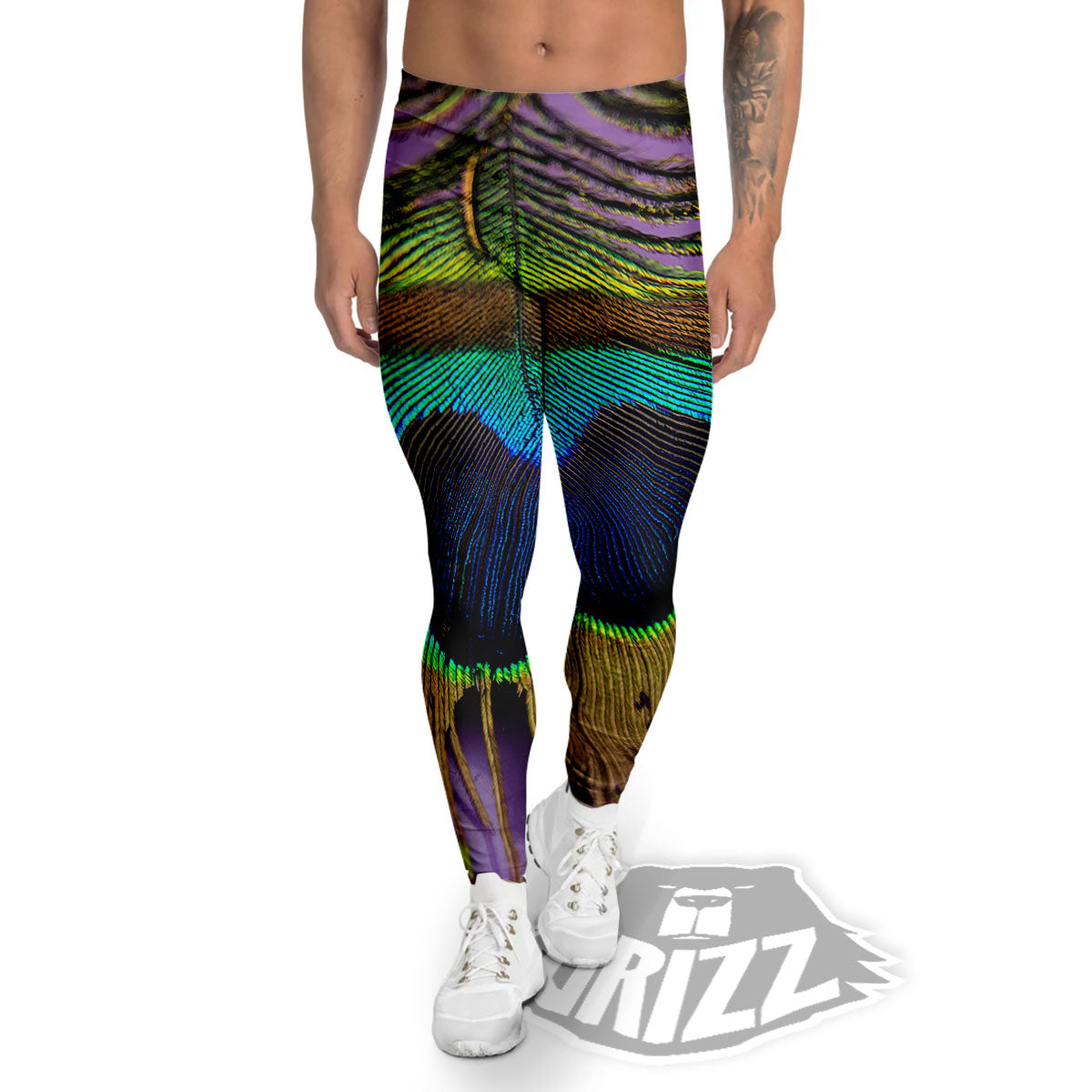 Peacock Feather Purple Bohemian Print Men's Leggings-grizzshop