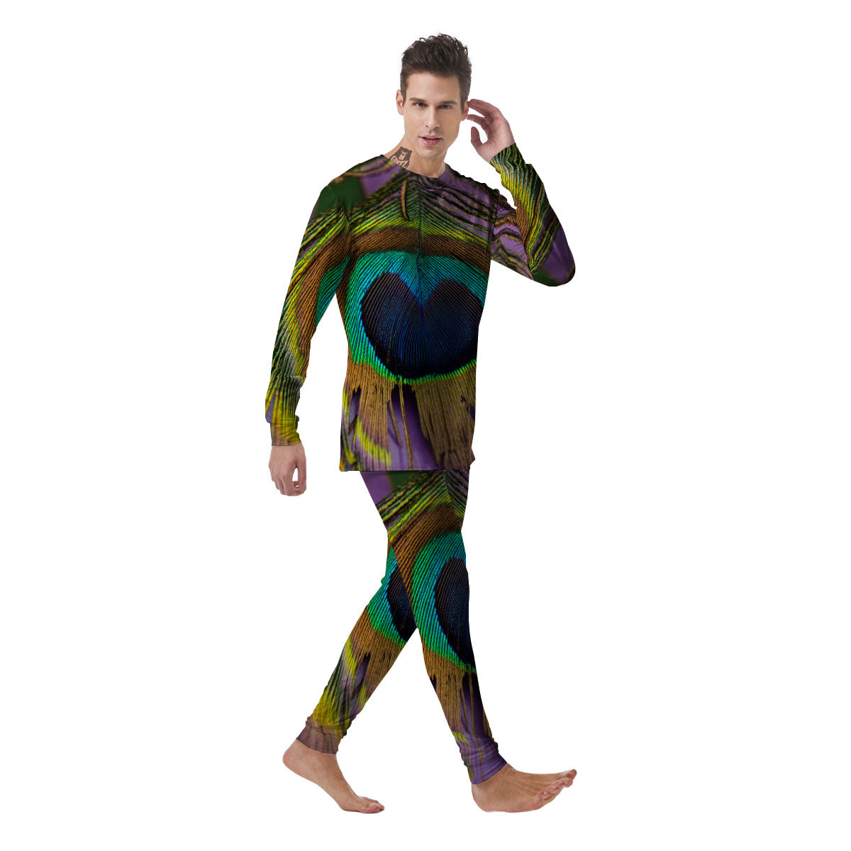 Peacock Feather Purple Bohemian Print Men's Pajamas-grizzshop