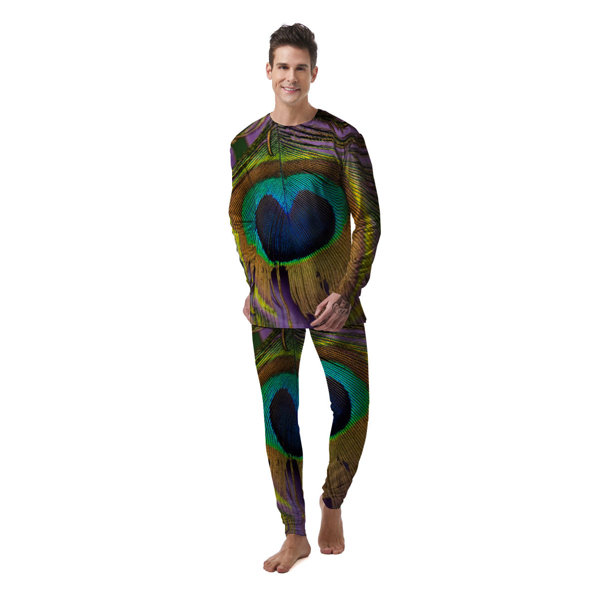 Peacock Feather Purple Bohemian Print Men's Pajamas-grizzshop