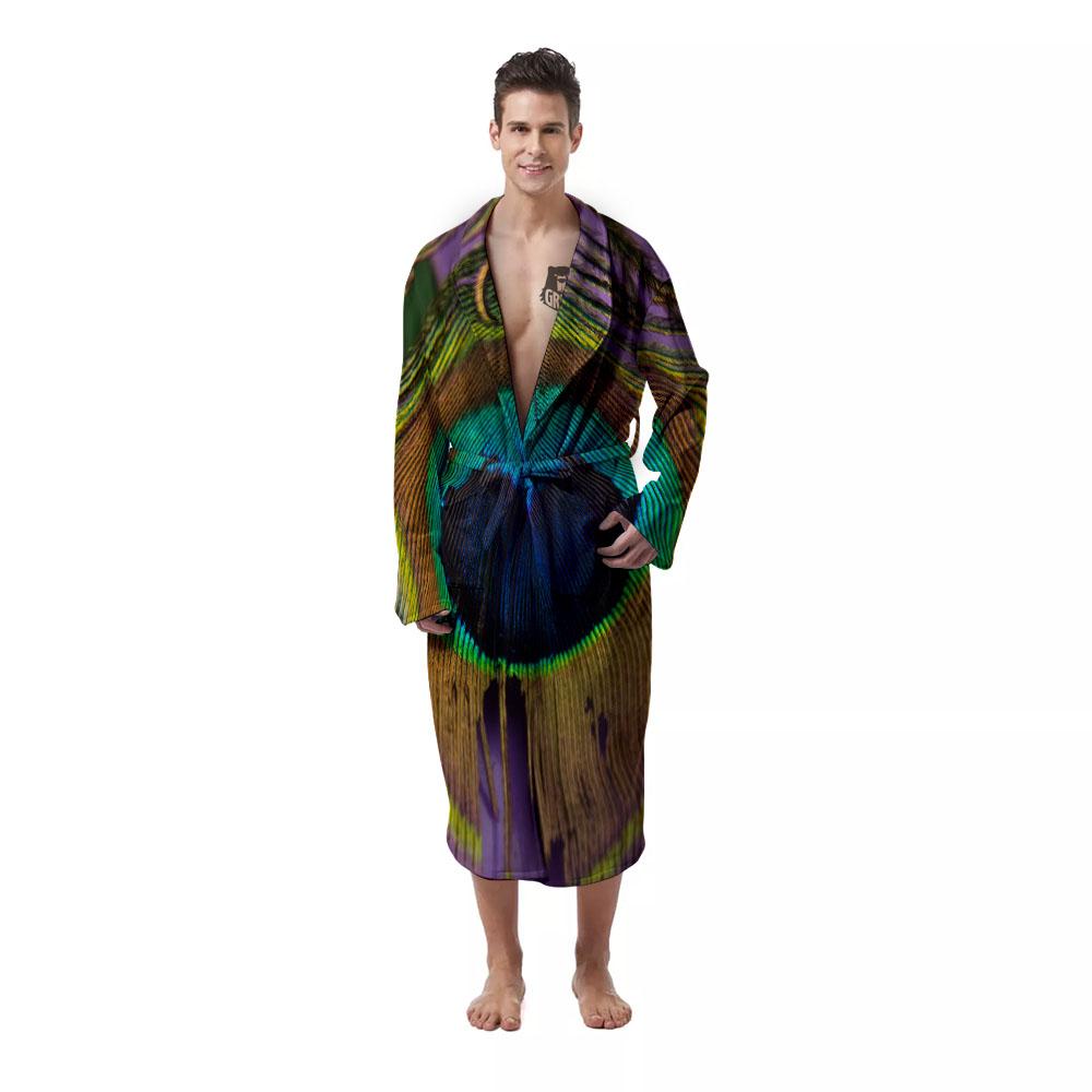 Peacock Feather Purple Bohemian Print Men's Robe-grizzshop