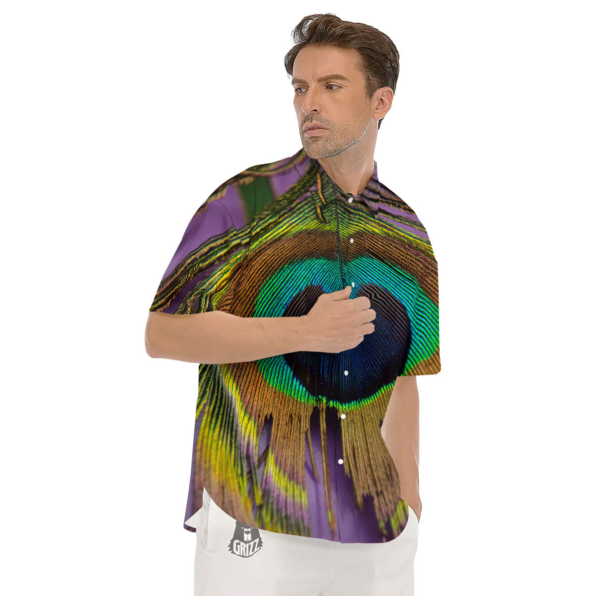 Peacock Feather Purple Bohemian Print Men's Short Sleeve Shirts-grizzshop