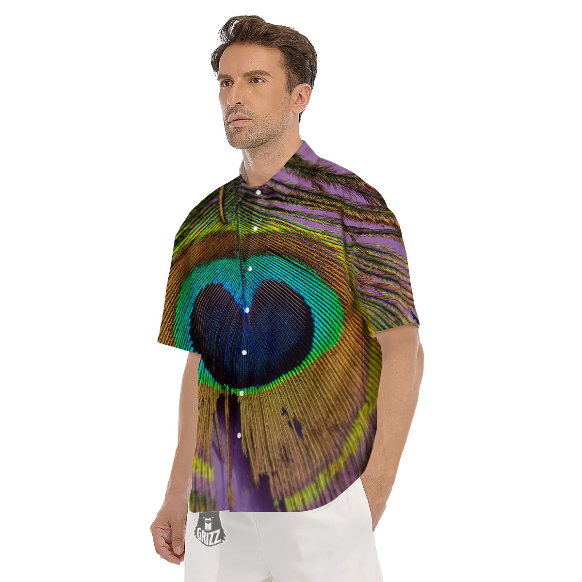 Peacock Feather Purple Bohemian Print Men's Short Sleeve Shirts-grizzshop