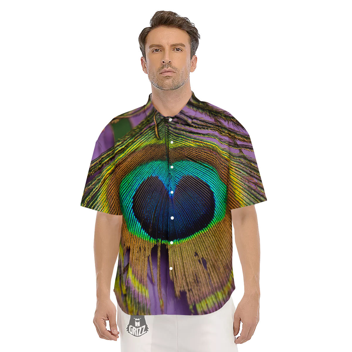 Peacock Feather Purple Bohemian Print Men's Short Sleeve Shirts-grizzshop