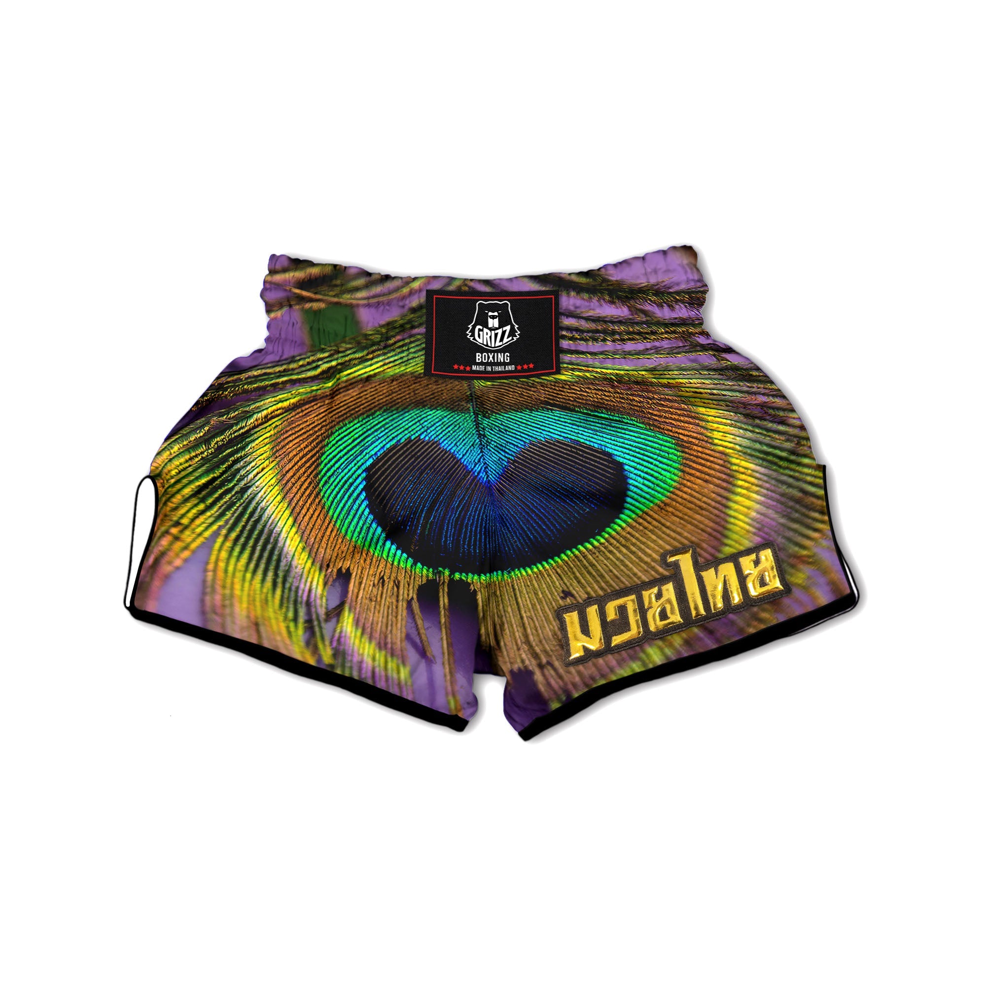 Peacock Feather Purple Bohemian Print Muay Thai Boxing Shorts-grizzshop