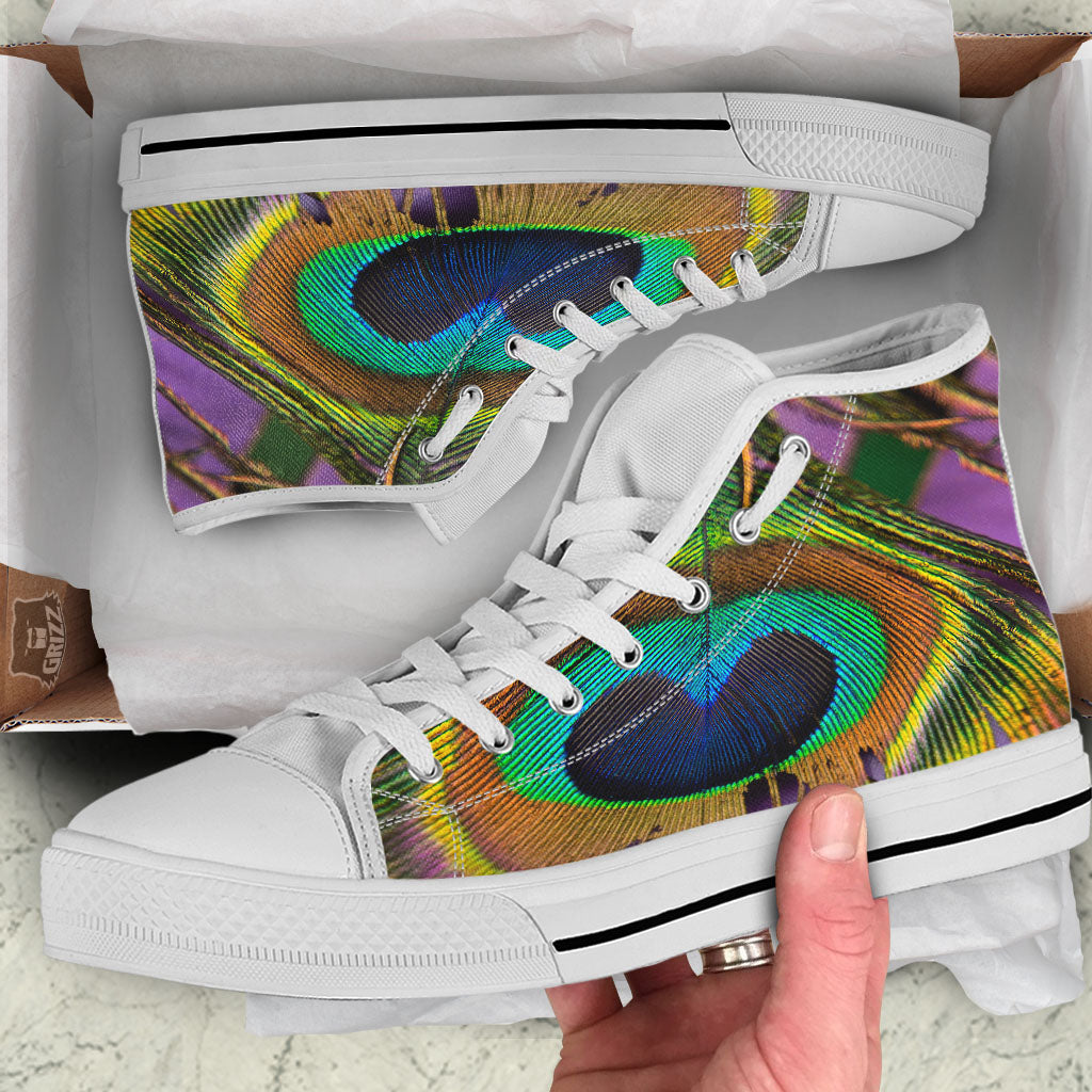 Peacock Feather Purple Bohemian Print White High Top Shoes-grizzshop