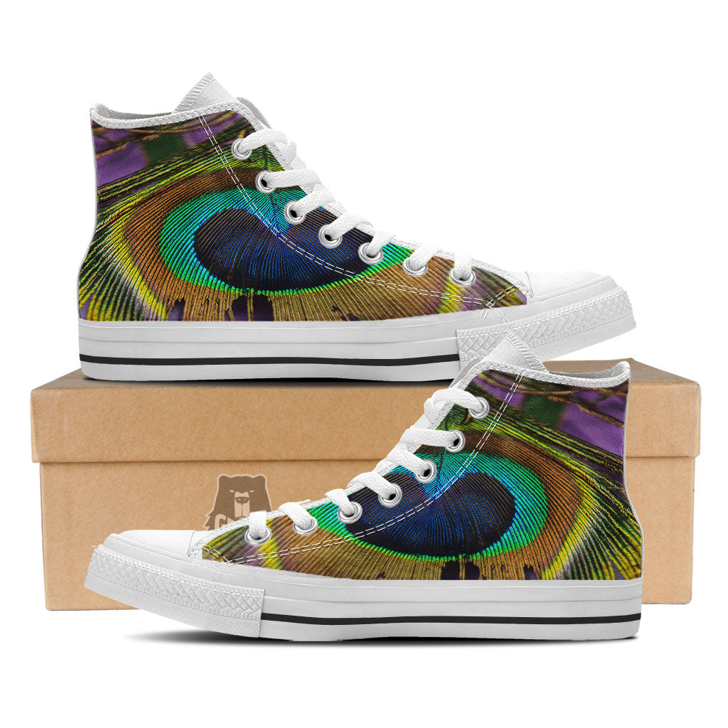 Peacock Feather Purple Bohemian Print White High Top Shoes-grizzshop