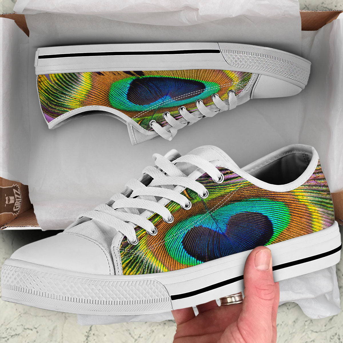 Peacock Feather Purple Bohemian Print White Low Top Shoes-grizzshop