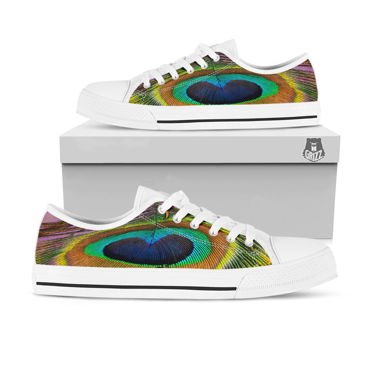 Peacock Feather Purple Bohemian Print White Low Top Shoes-grizzshop