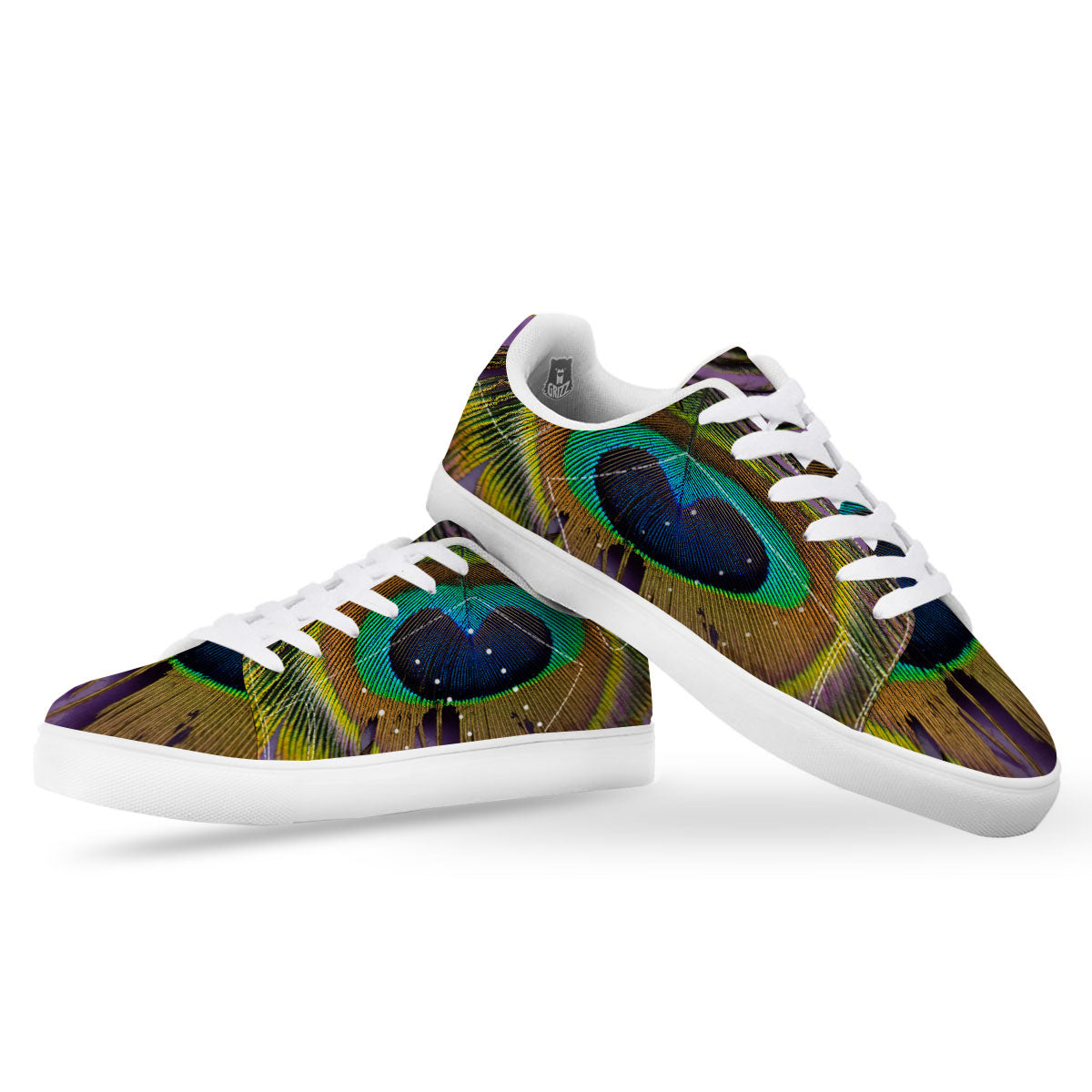 Peacock Feather Purple Bohemian Print White Low Top Sneakers-grizzshop