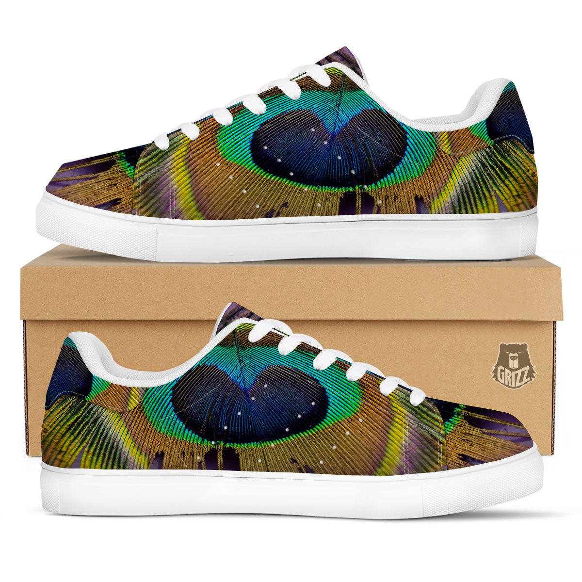 Peacock Feather Purple Bohemian Print White Low Top Sneakers-grizzshop