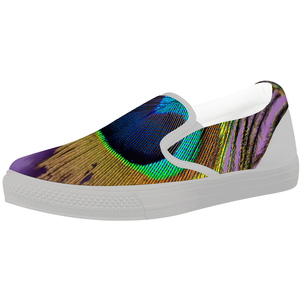 Peacock Feather Purple Bohemian Print White Slip On Shoes-grizzshop