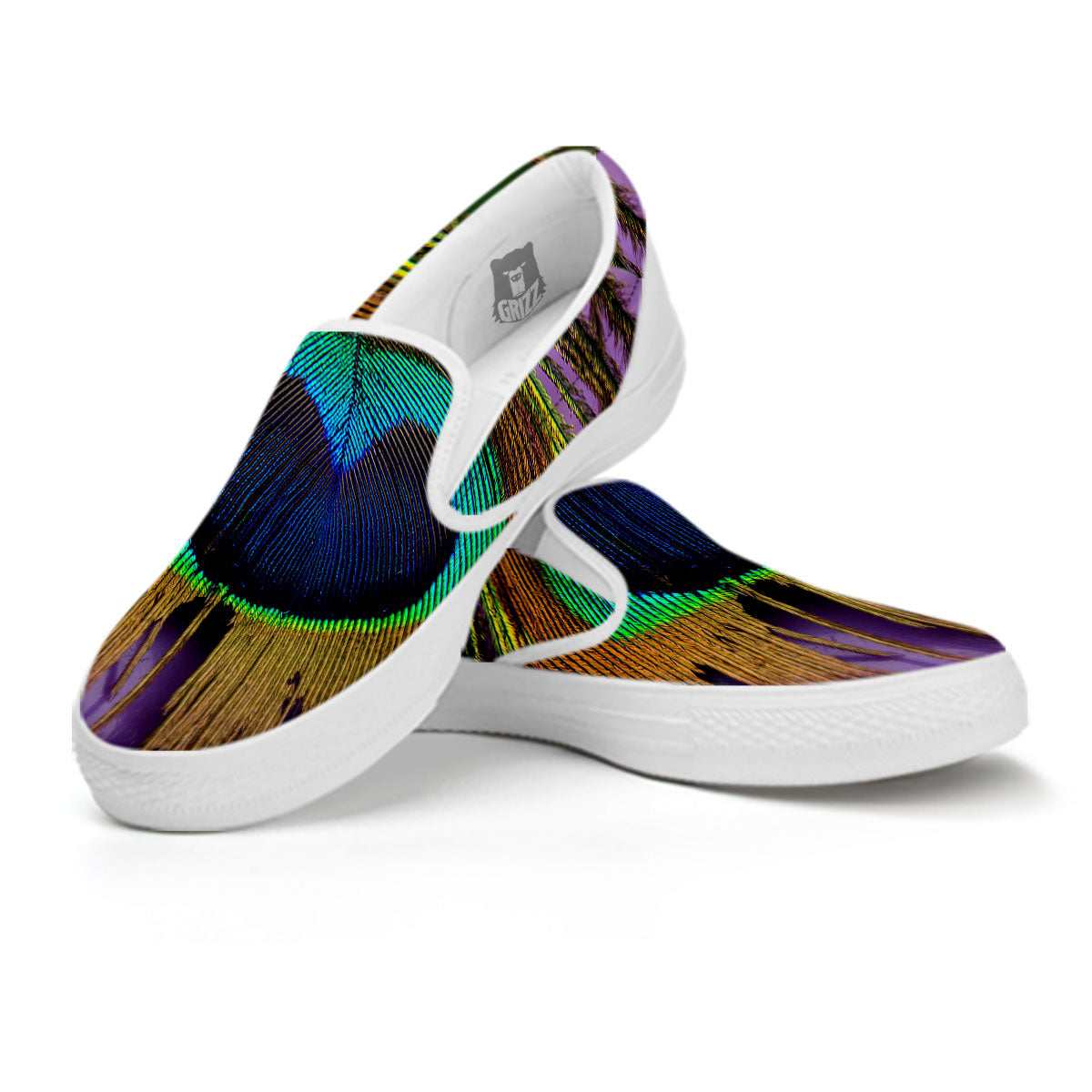 Peacock Feather Purple Bohemian Print White Slip On Shoes-grizzshop