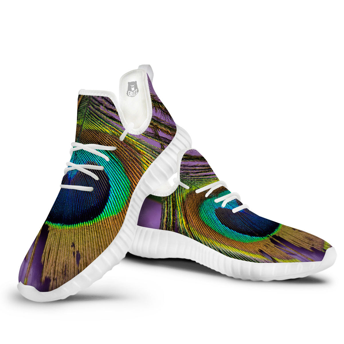 Peacock Feather Purple Bohemian Print White Walking Shoes-grizzshop