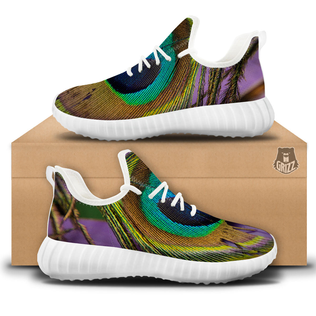 Peacock Feather Purple Bohemian Print White Walking Shoes-grizzshop