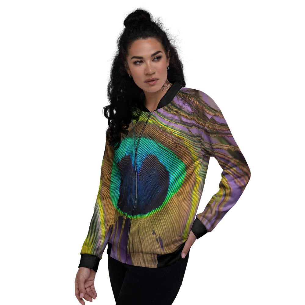 Peacock Feather Purple Bohemian Print Women's Bomber Jacket-grizzshop