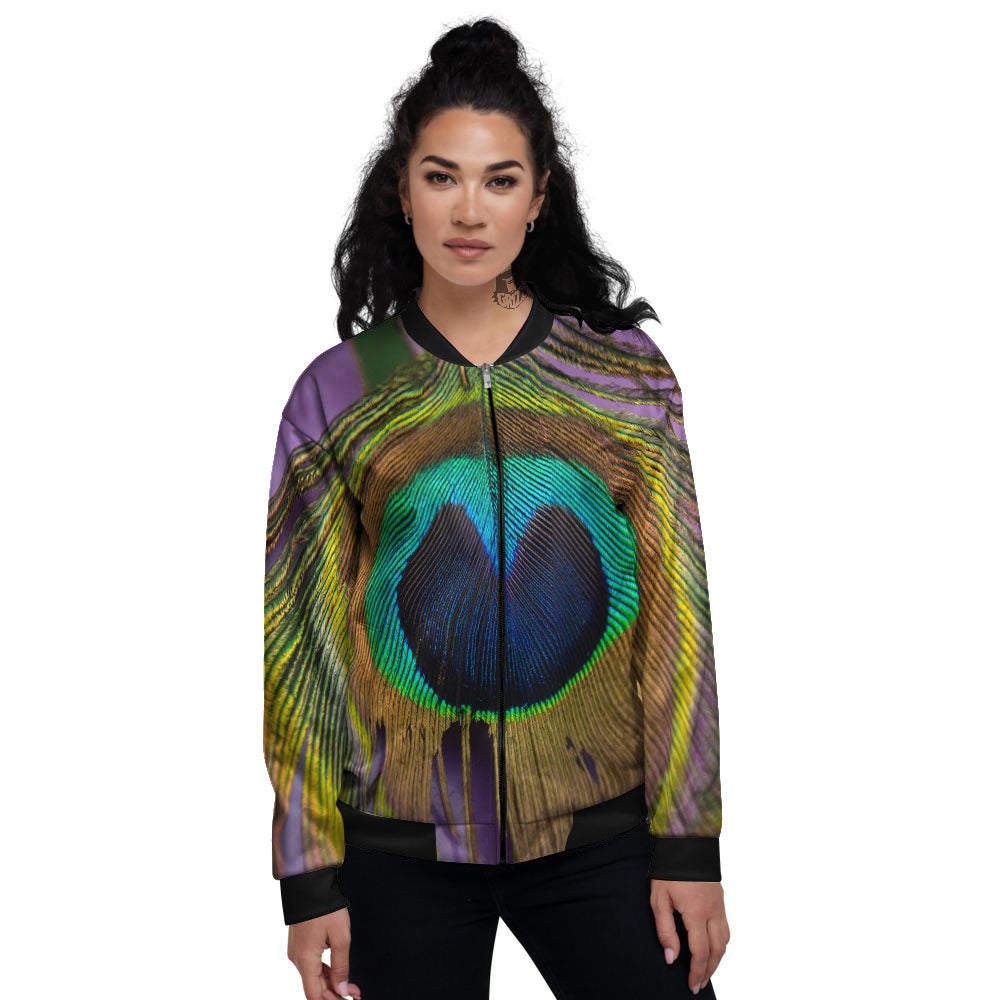 Peacock Feather Purple Bohemian Print Women's Bomber Jacket-grizzshop
