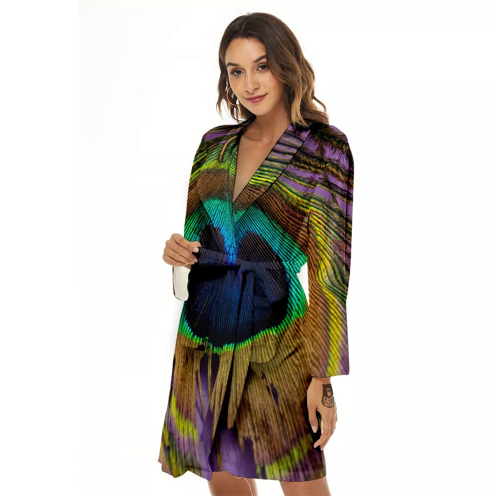Peacock Feather Purple Bohemian Print Women's Robe-grizzshop