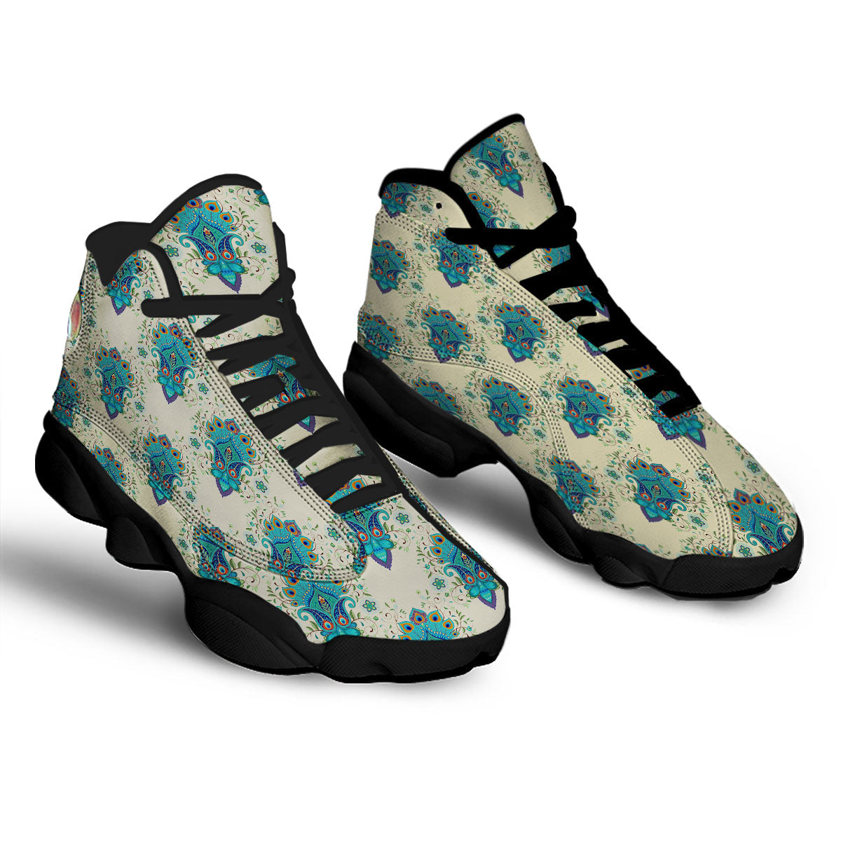 Peacock Feather Vintage Print Pattern Black Basketball Shoes-grizzshop