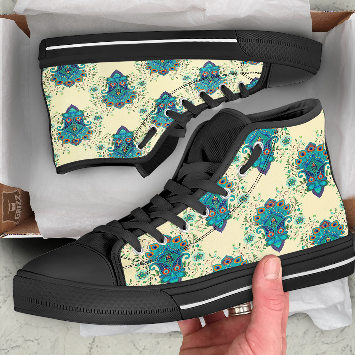 Peacock Feather Vintage Print Pattern Black High Top Shoes-grizzshop
