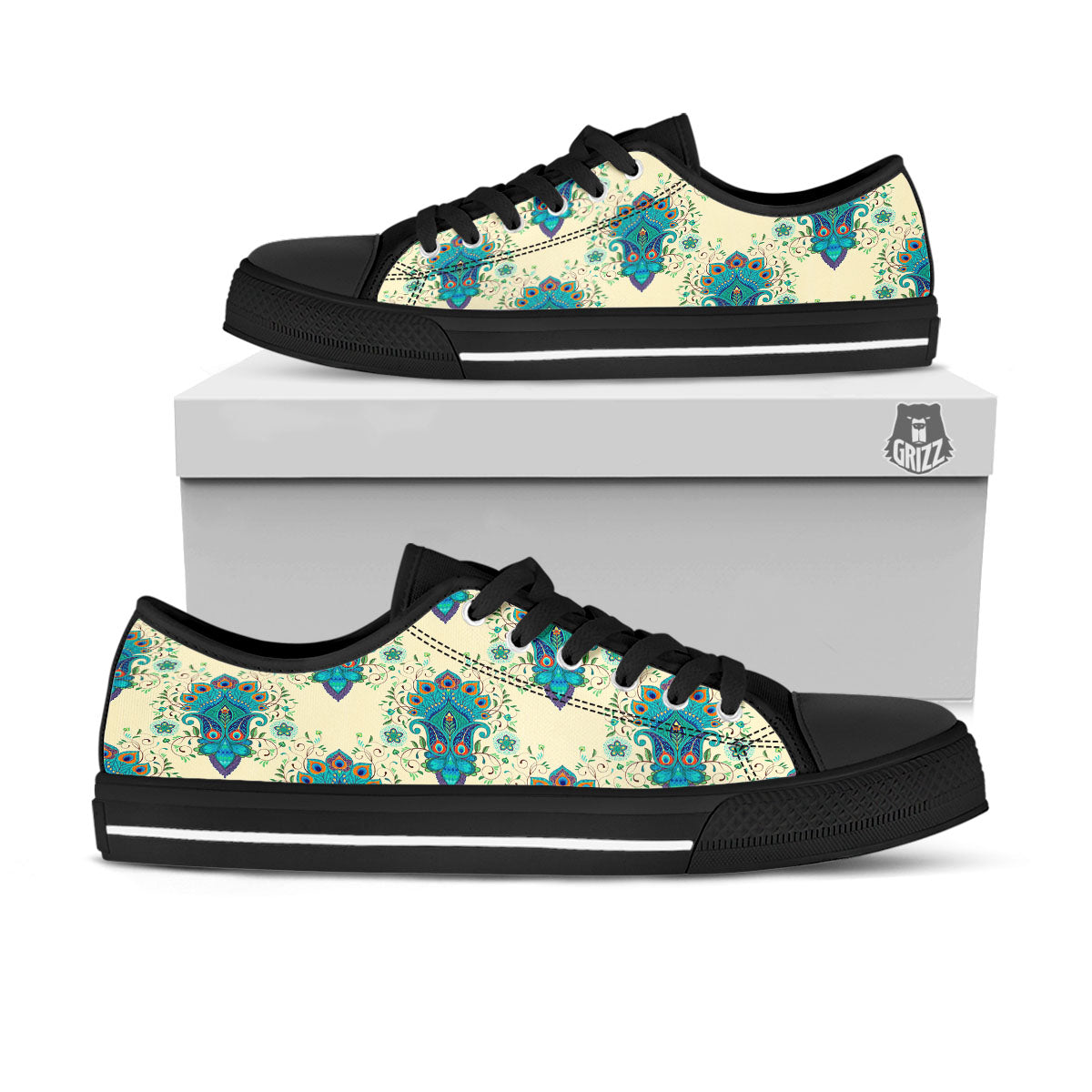 Peacock Feather Vintage Print Pattern Black Low Top Shoes-grizzshop
