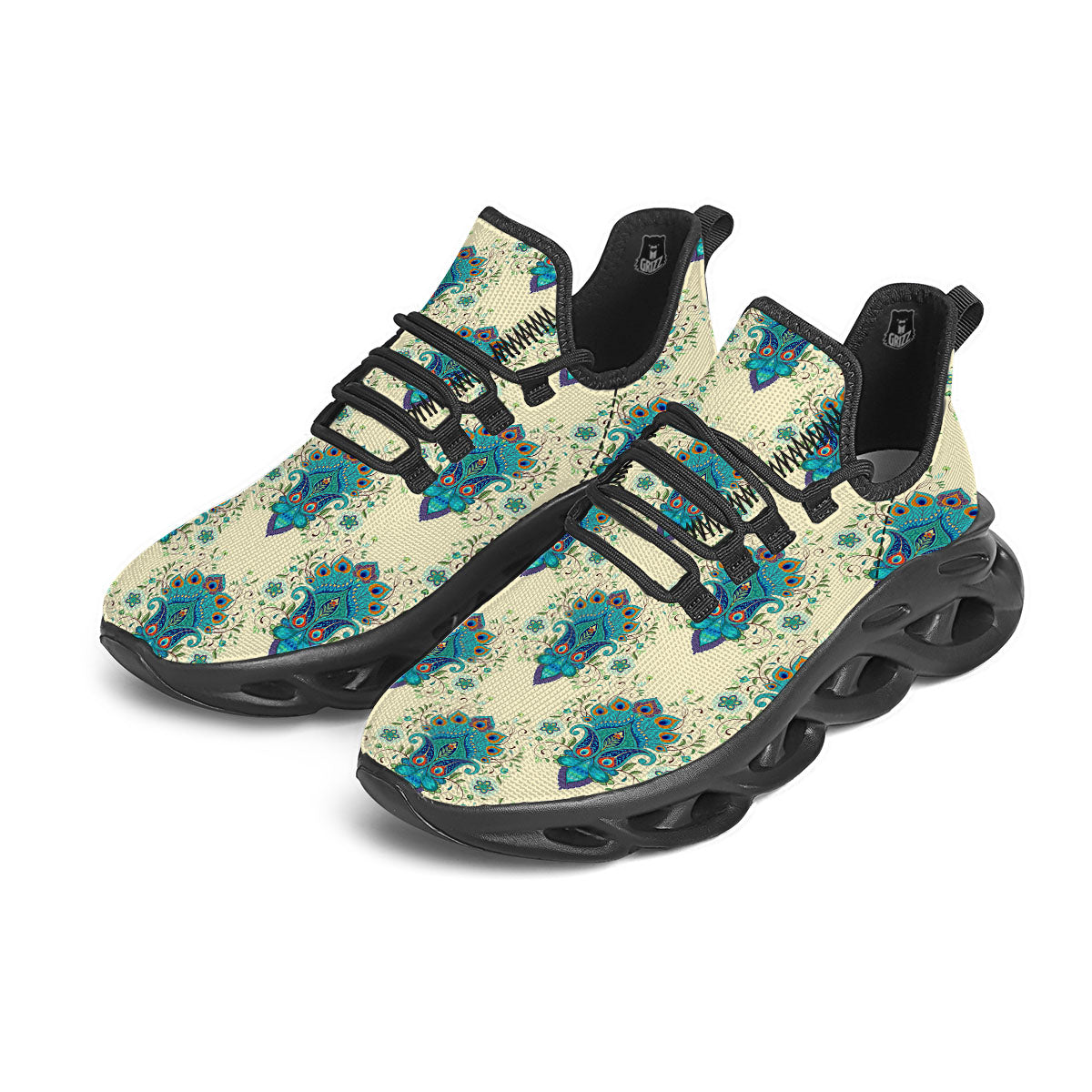 Peacock Feather Vintage Print Pattern Black Running Shoes-grizzshop