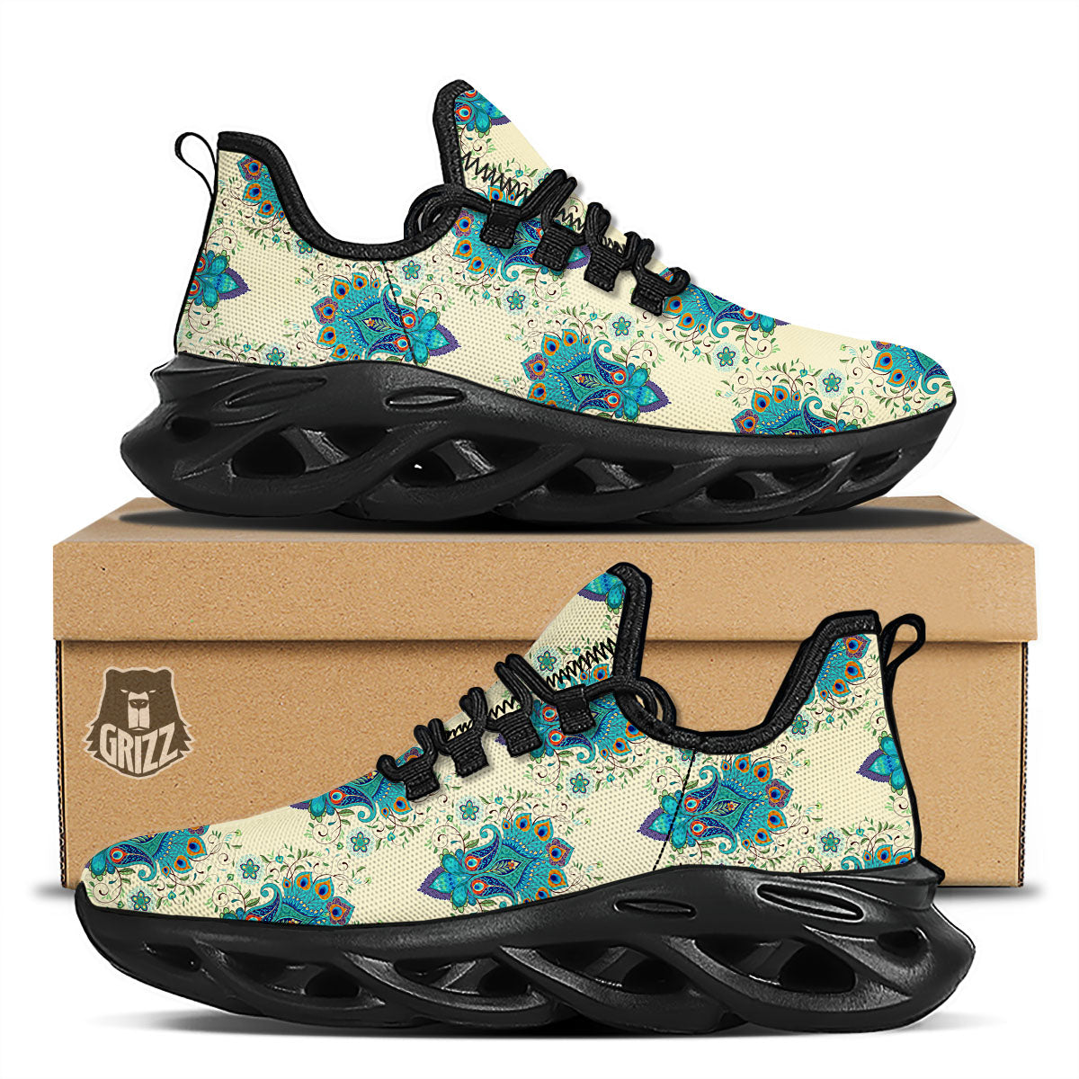 Peacock Feather Vintage Print Pattern Black Running Shoes-grizzshop