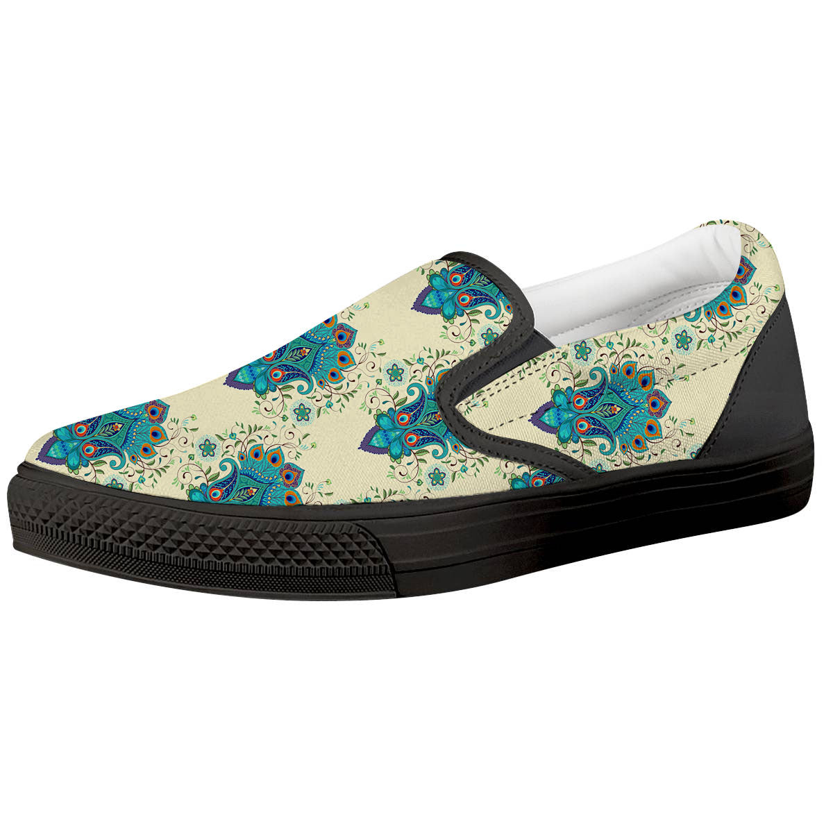 Peacock Feather Vintage Print Pattern Black Slip On Shoes-grizzshop
