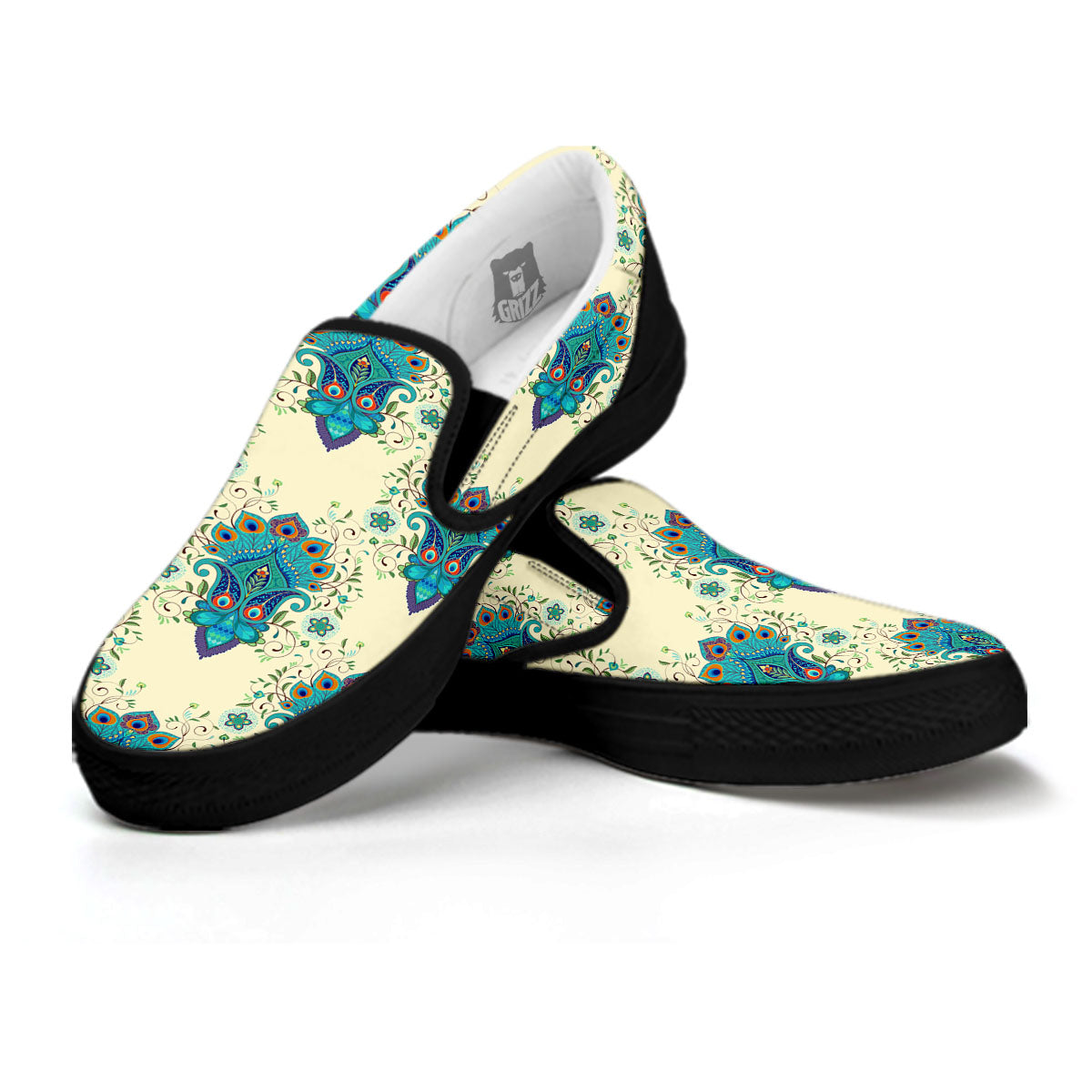 Peacock Feather Vintage Print Pattern Black Slip On Shoes-grizzshop