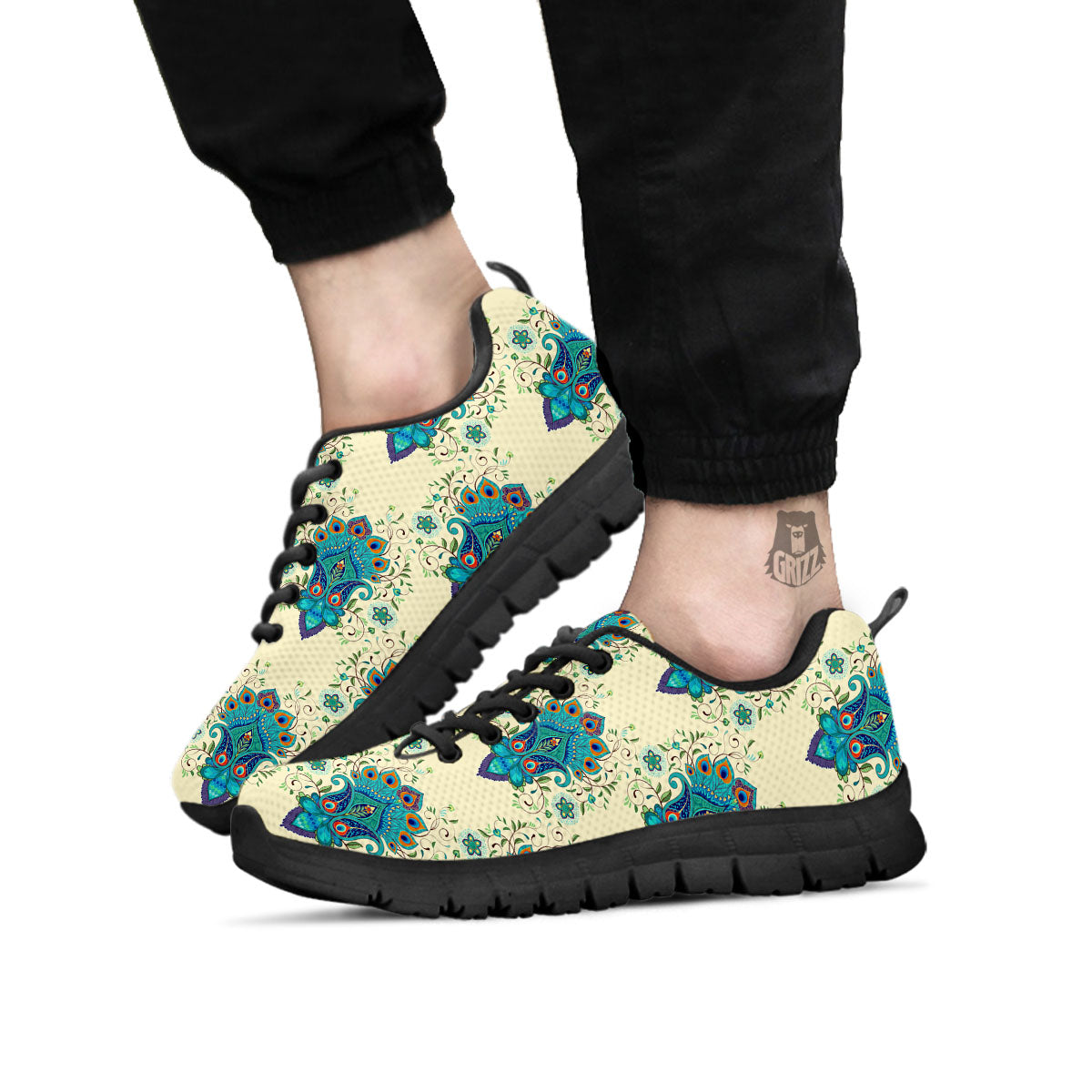 Peacock Feather Vintage Print Pattern Black Sneaker-grizzshop
