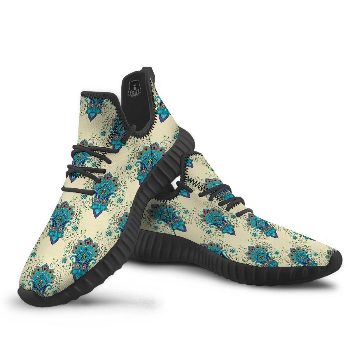 Peacock Feather Vintage Print Pattern Black Walking Shoes-grizzshop