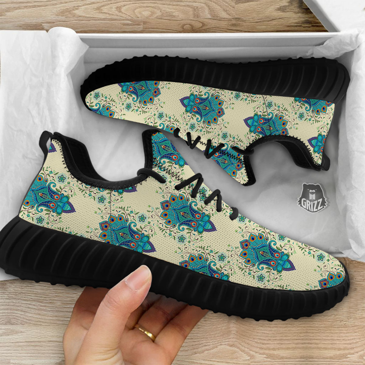 Peacock Feather Vintage Print Pattern Black Walking Shoes-grizzshop