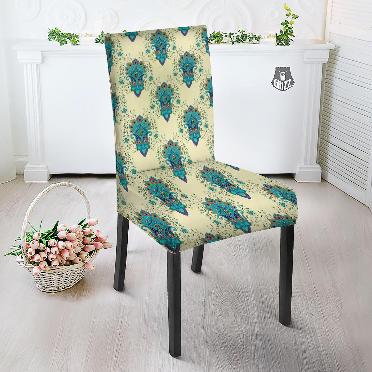 Peacock Feather Vintage Print Pattern Dining Chair Slipcover-grizzshop