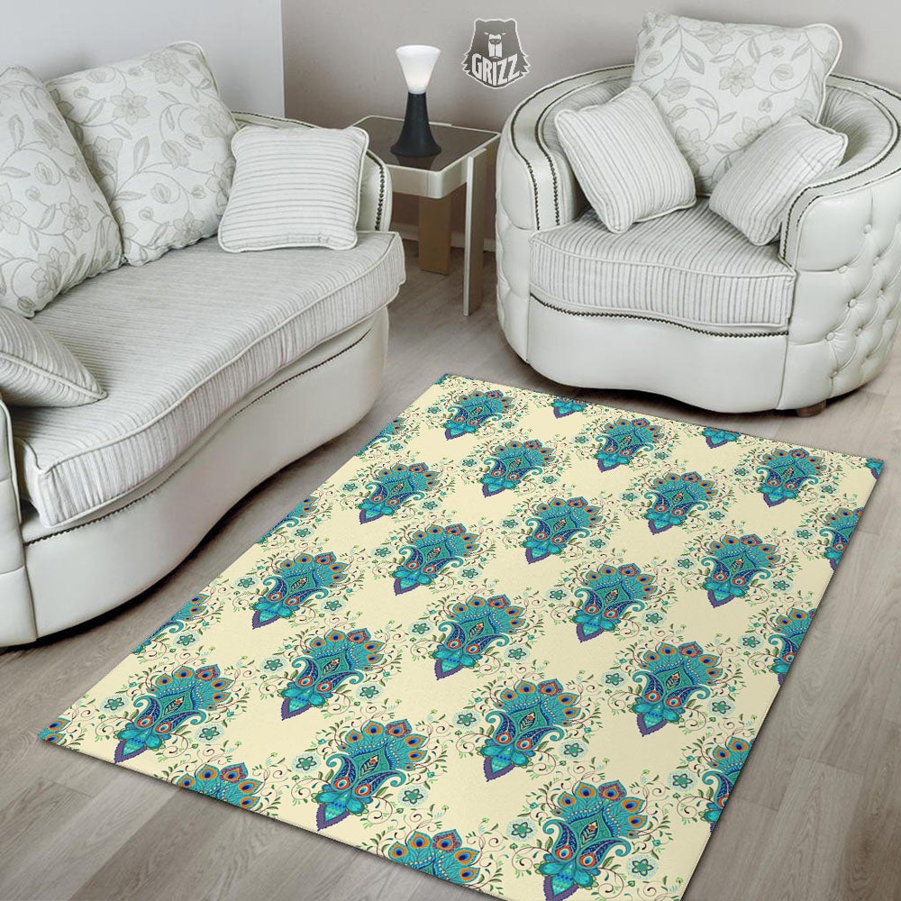 Peacock Feather Vintage Print Pattern Floor Mat-grizzshop