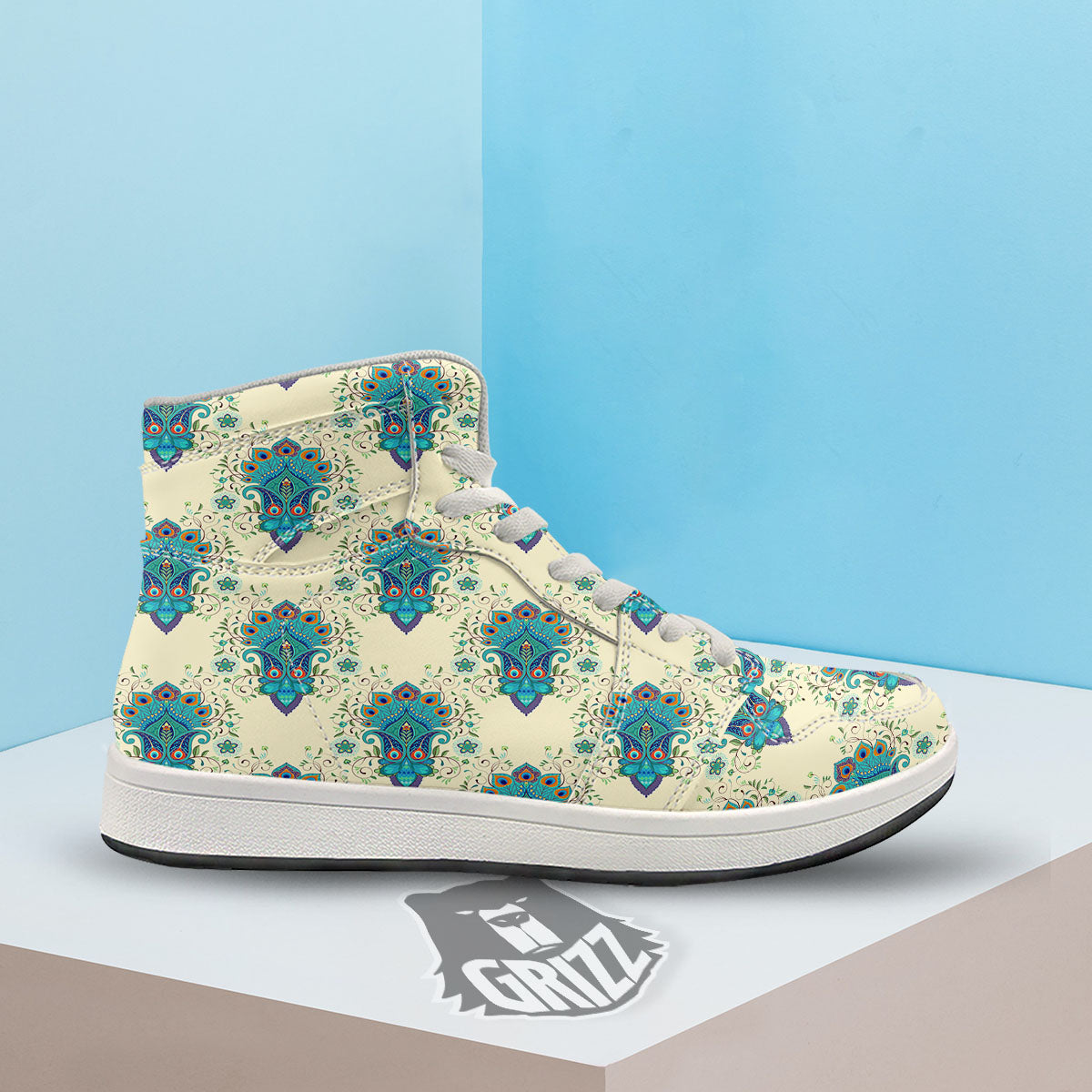 Peacock Feather Vintage Print Pattern High Top Sneakers-grizzshop