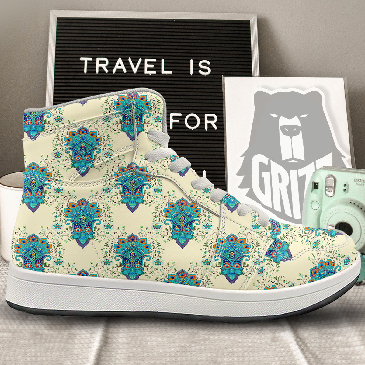 Peacock Feather Vintage Print Pattern High Top Sneakers-grizzshop