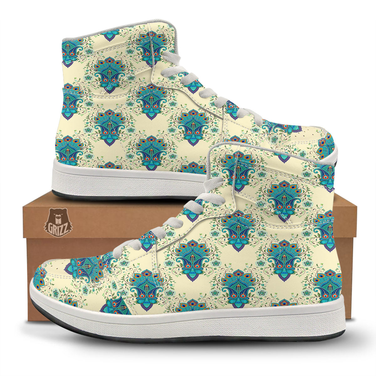 Peacock Feather Vintage Print Pattern High Top Sneakers-grizzshop